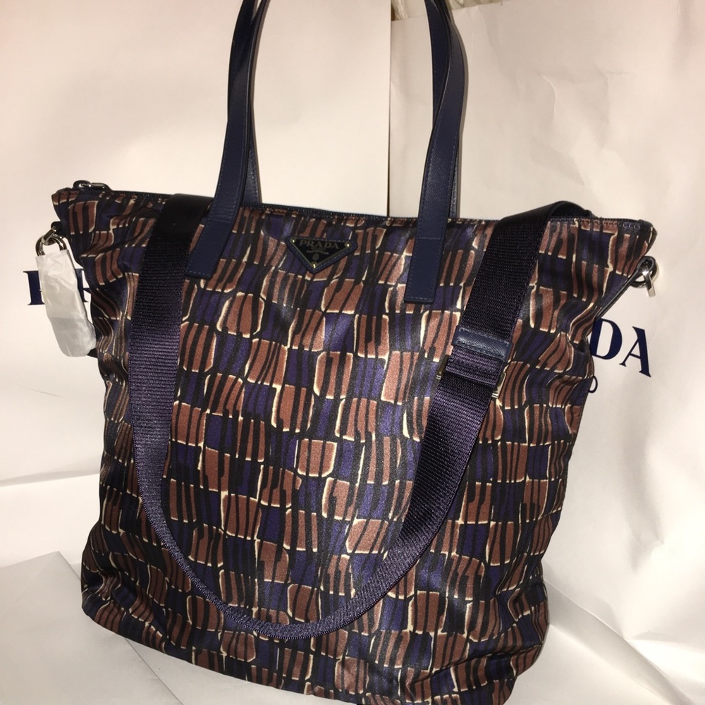 NWT PRADA Tessuto Nylon Brn/Blue TOTE B4696A NEW